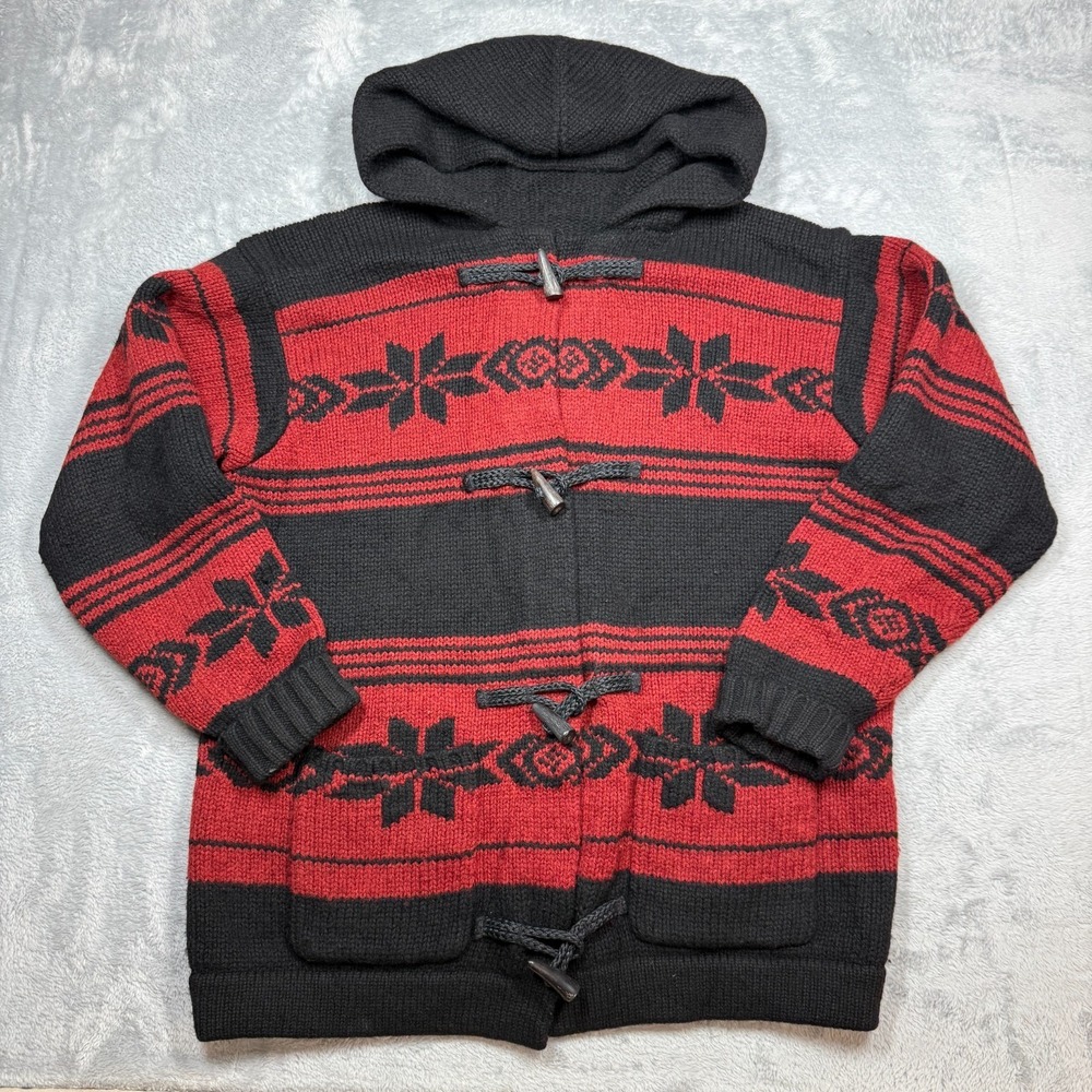 VTG Polo Ralph Lauren Wool Cardigan Men Black Red L Fair Isle Duffle Sweater